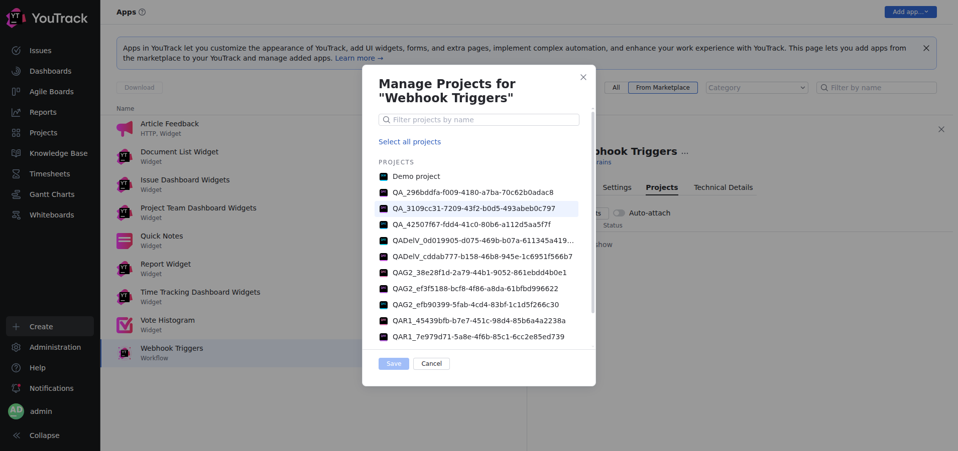 The Manage Projects dialog for Webhook Triggers with a searchable project list and Save and Cancel buttons.