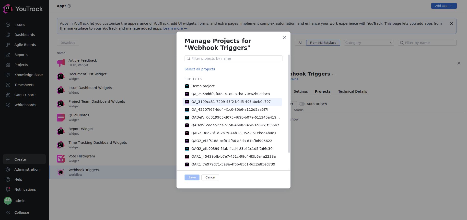 The Manage Projects dialog for Webhook Triggers with a searchable project list and Save and Cancel buttons.