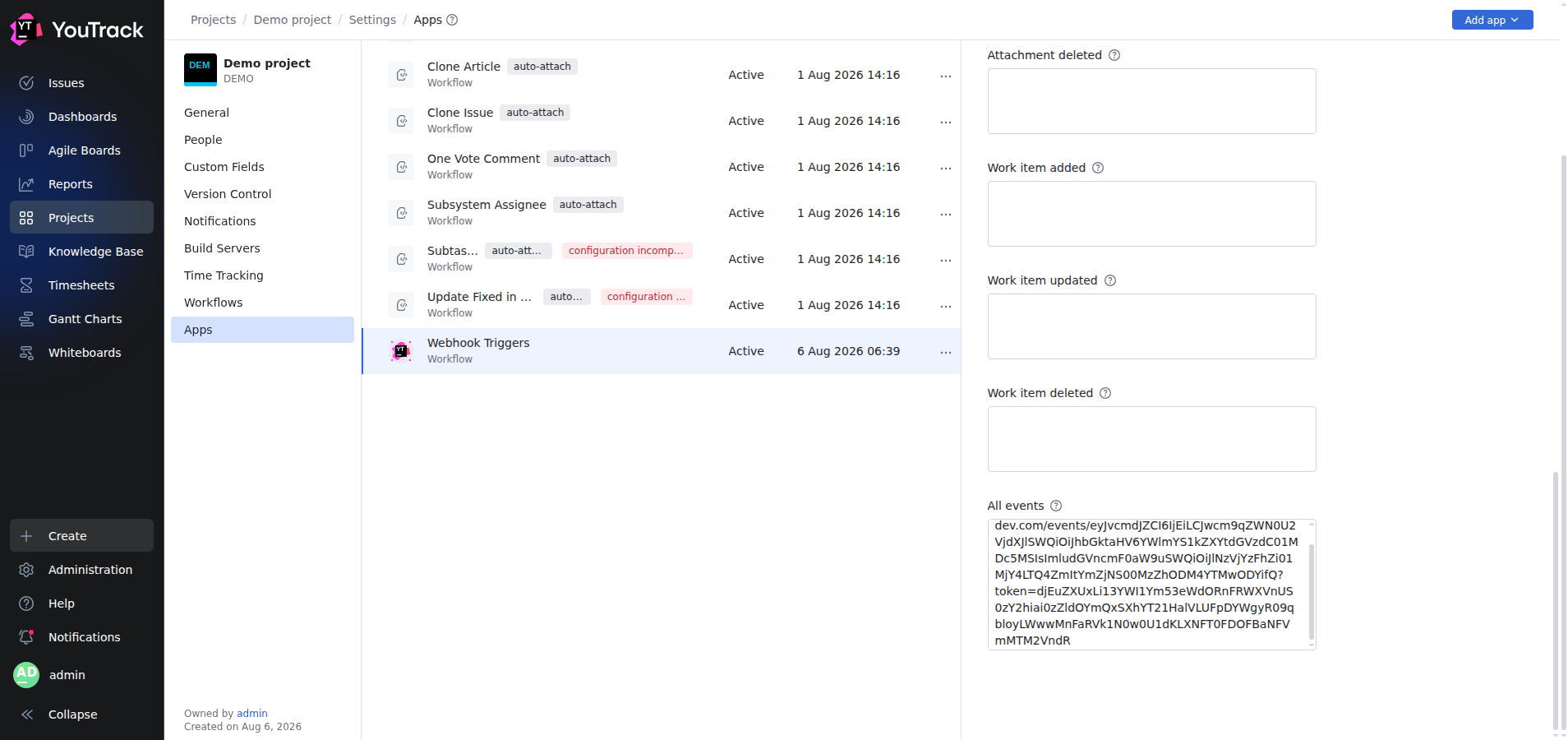 The Webhook Triggers app showing the Active toggle enabled and a Saved confirmation after the configuration is stored.