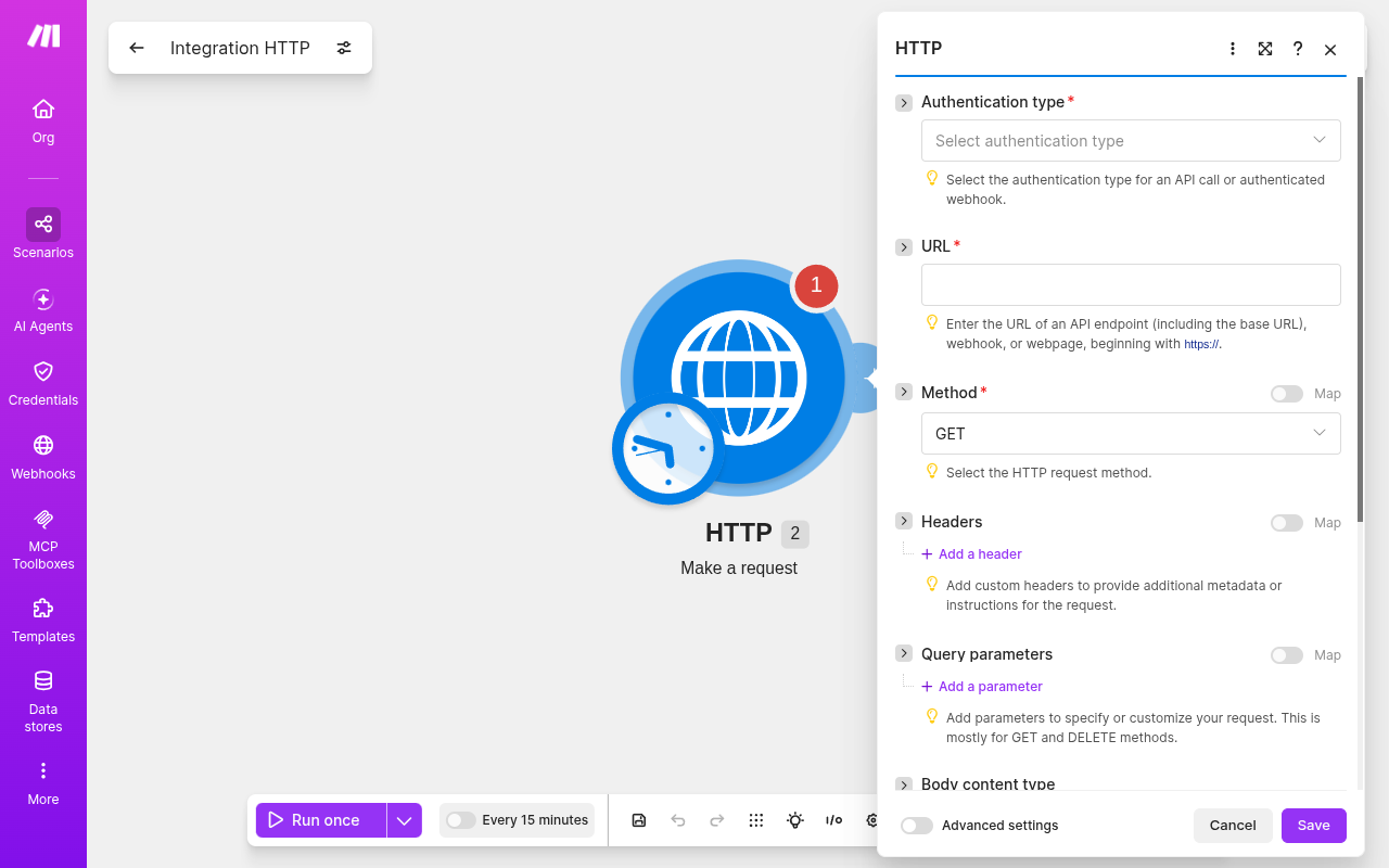 Make HTTP Make a request module fields — Authentication type, URL, Method, Headers, Body content type
