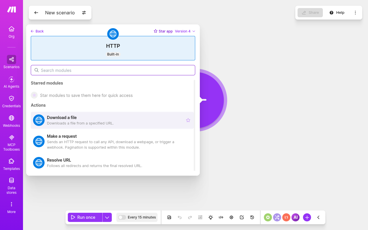 Make HTTP module list with the Make a request module