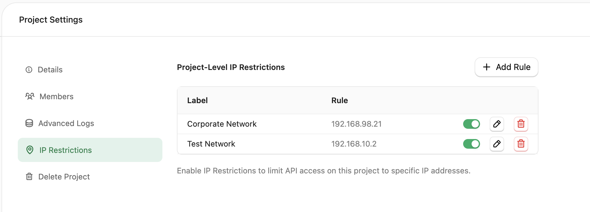 Project IP restrictions