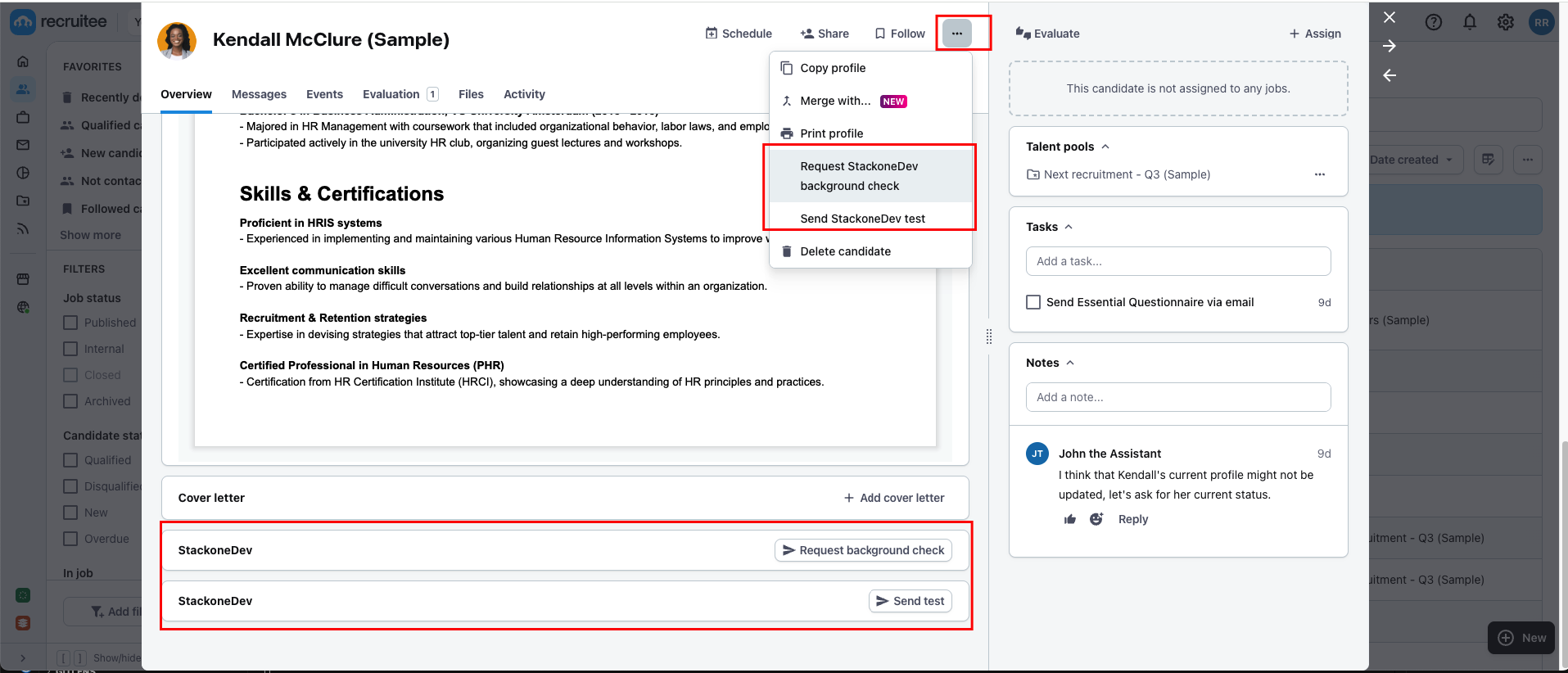 Recruitee Integration view for select test