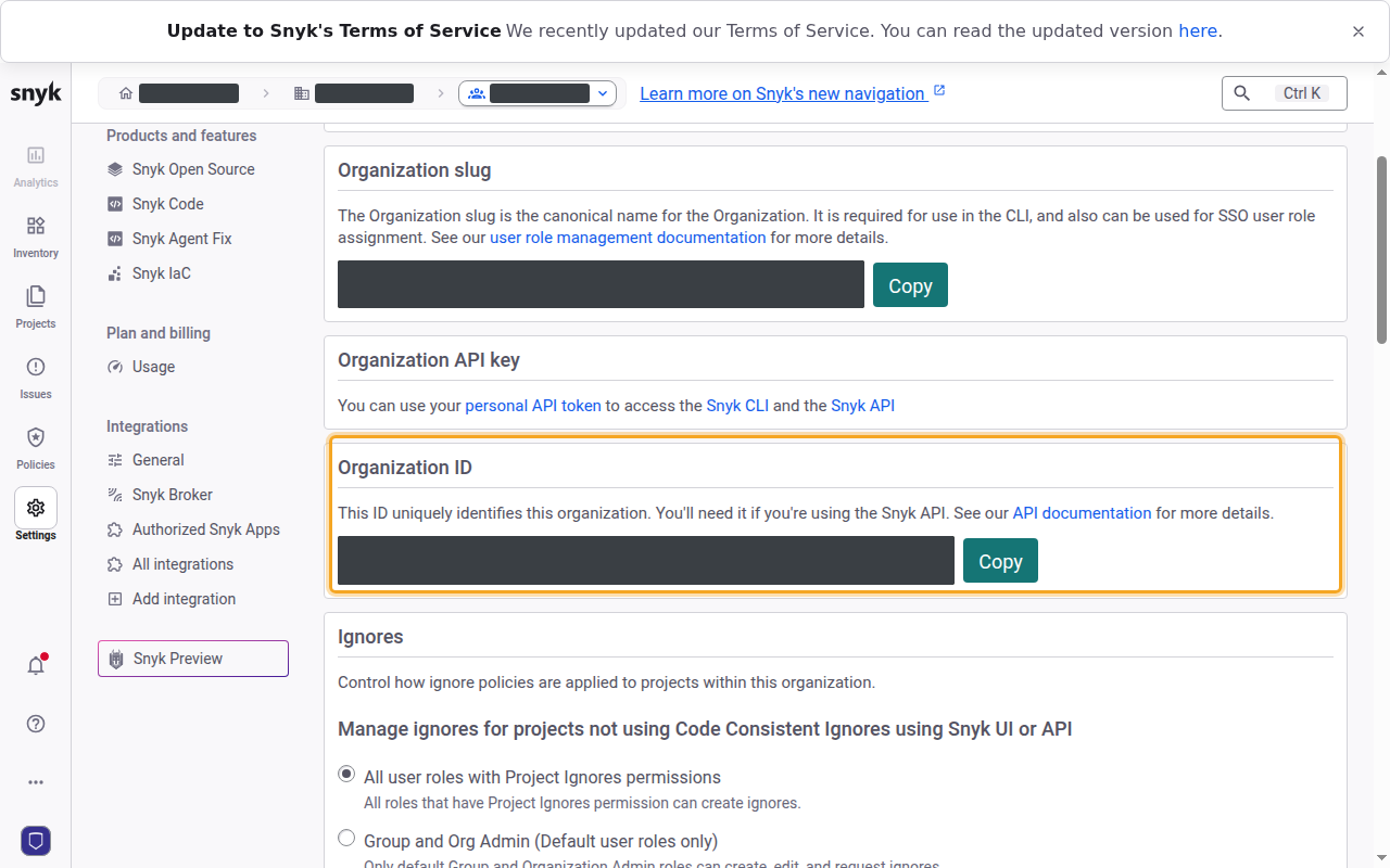 The Snyk organization General settings page with the Organization ID section and its Copy button highlighted.