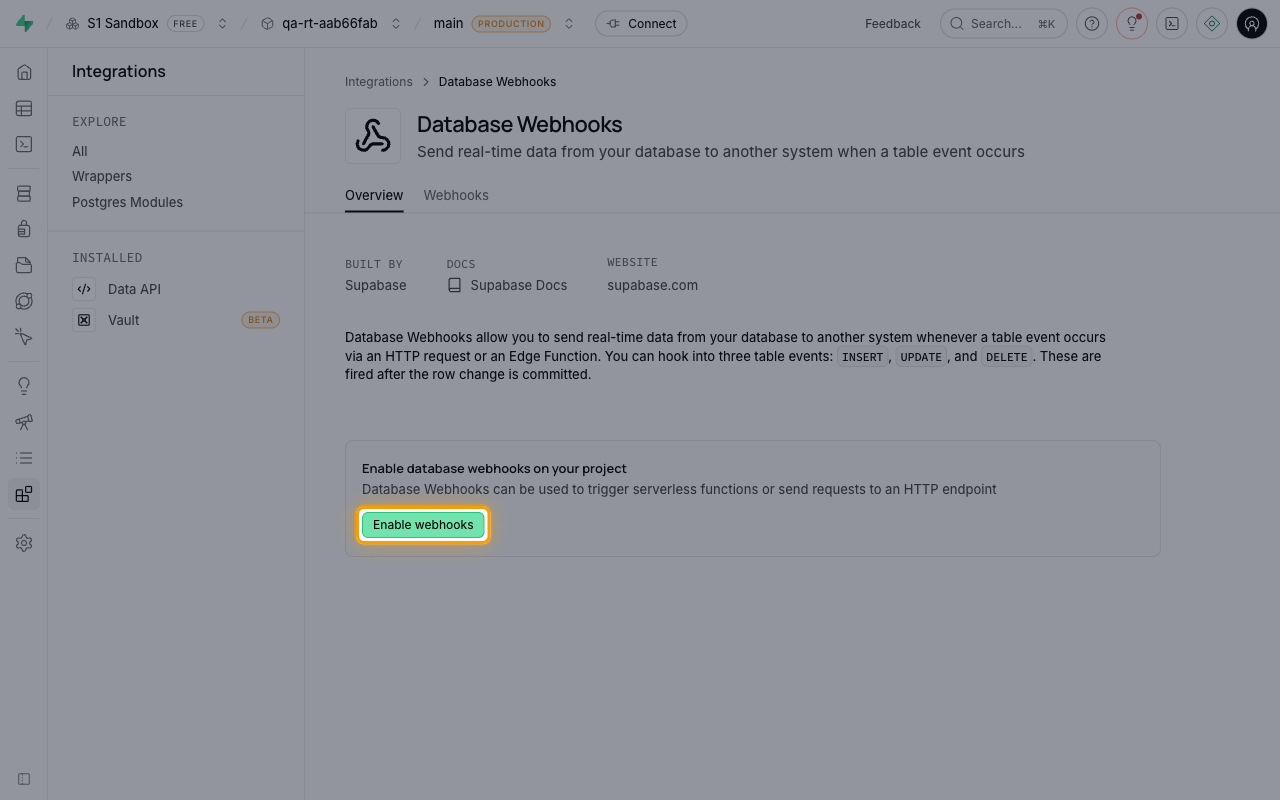 Supabase Database Webhooks overview page with the Enable webhooks button highlighted