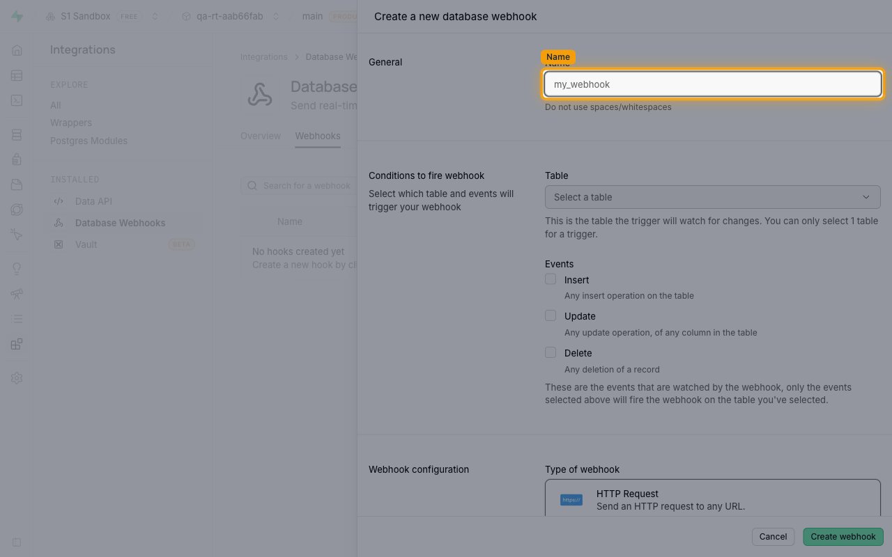 Create a new database webhook panel with the Name field highlighted