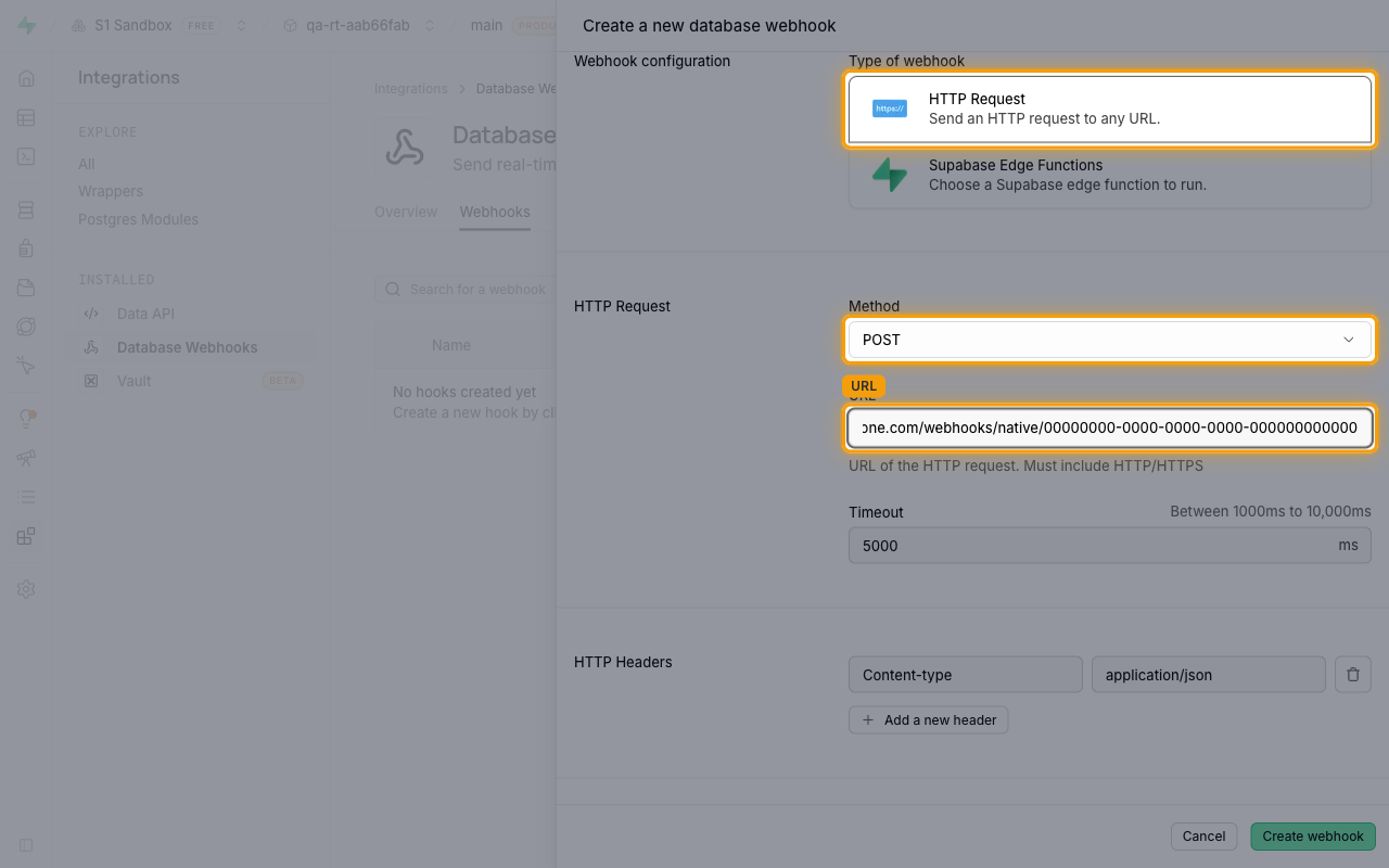 HTTP Request configuration with Method POST and the URL field containing the Native Webhook URL highlighted