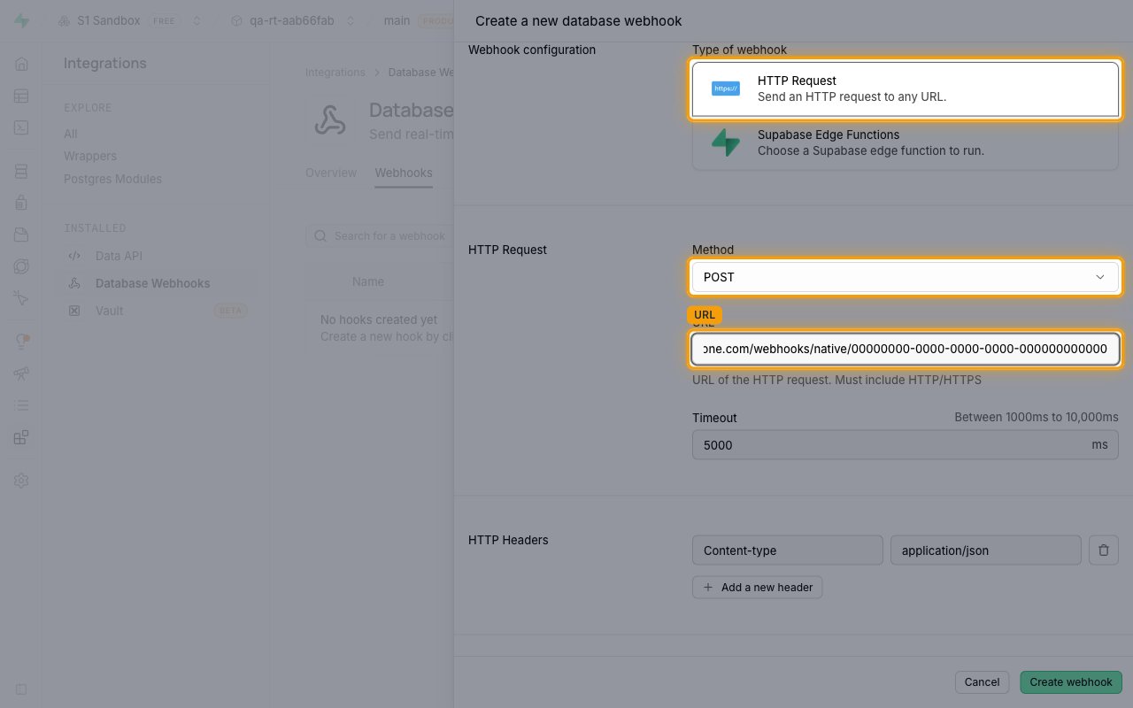 HTTP Request configuration with Method POST and the URL field containing the Native Webhook URL highlighted