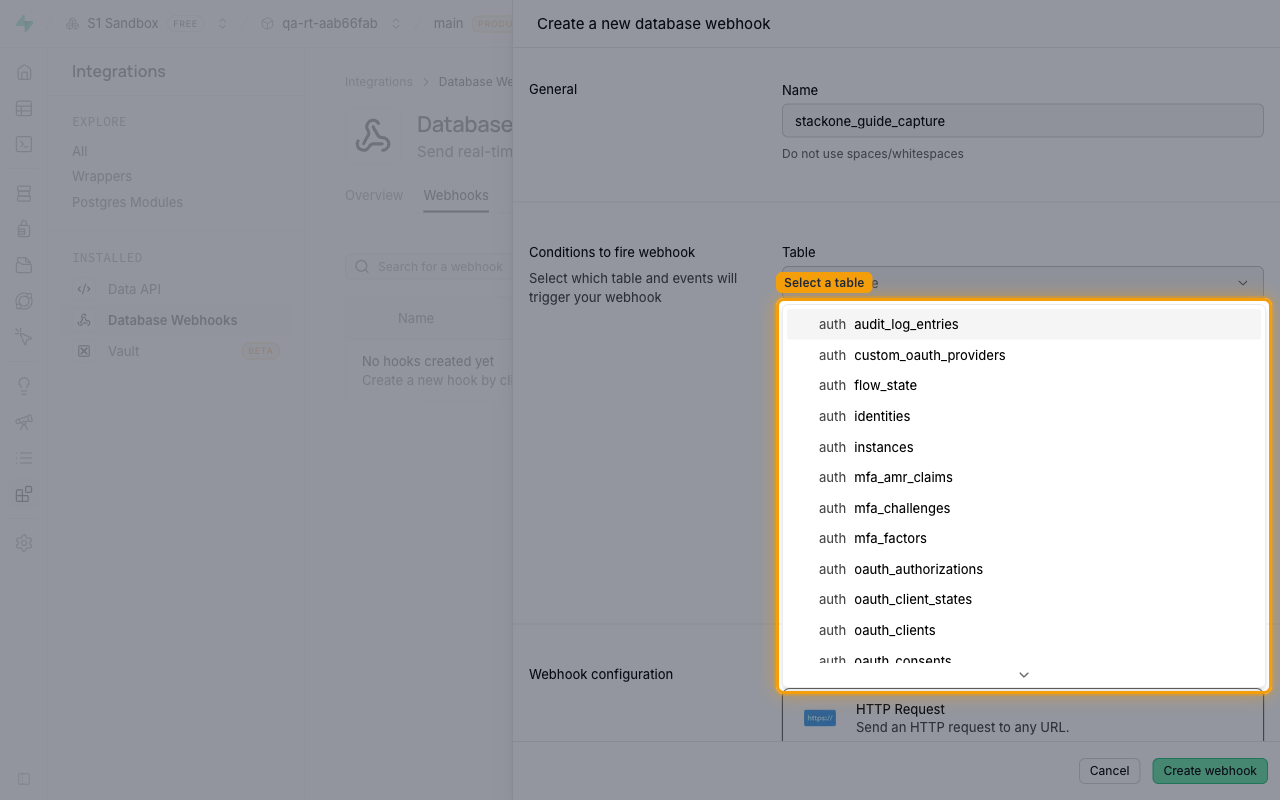 Table dropdown open showing schema-qualified tables to select