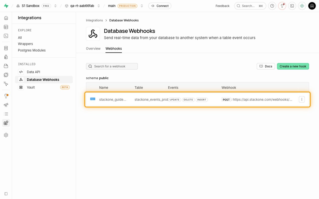 Webhooks list showing the newly created webhook row with table, events and target URL