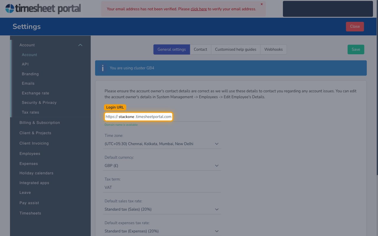 Account General settings tab showing the Login URL field with the account subdomain between https:// and .timesheetportal.com.