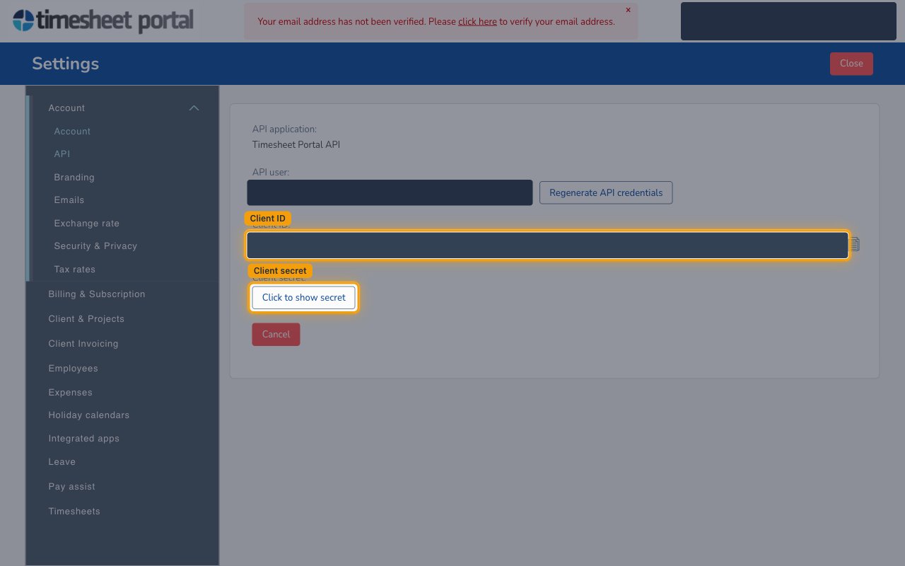 Timesheet Portal API application detail showing the API user, Regenerate API credentials button, Client ID field and the Click to show secret button.