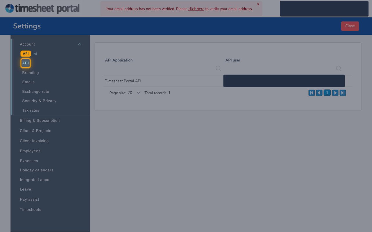 Settings panel with the Account section expanded and the API item selected, showing the API Application list.