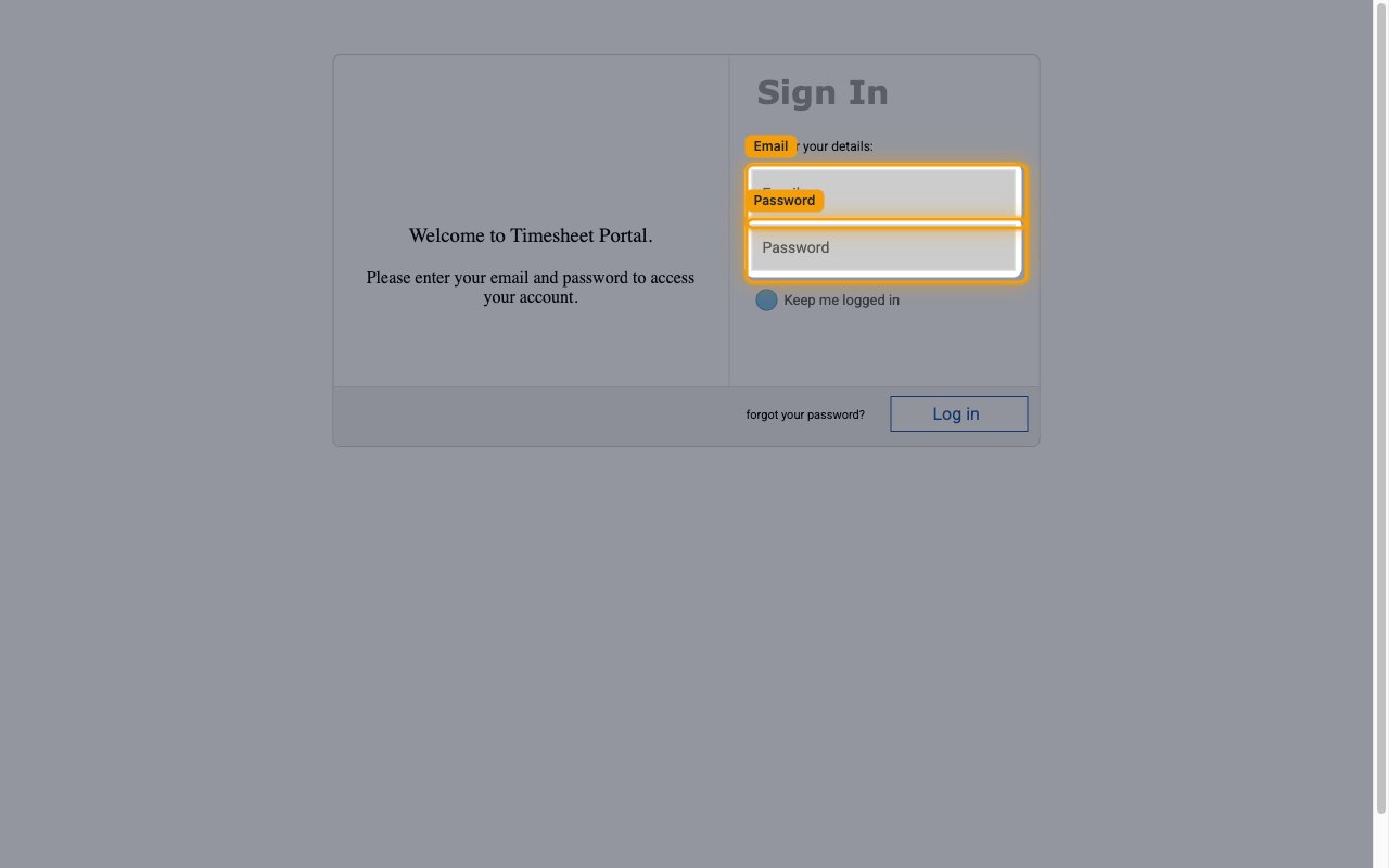 Timesheet Portal Sign In screen with the Email and Password fields and the Log in button.