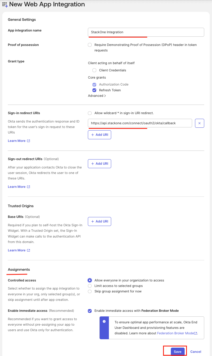 Okta create app integration