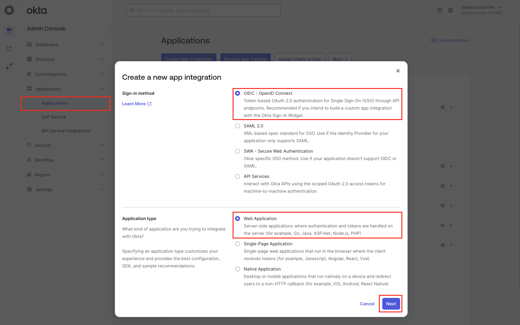 Okta init create app integration