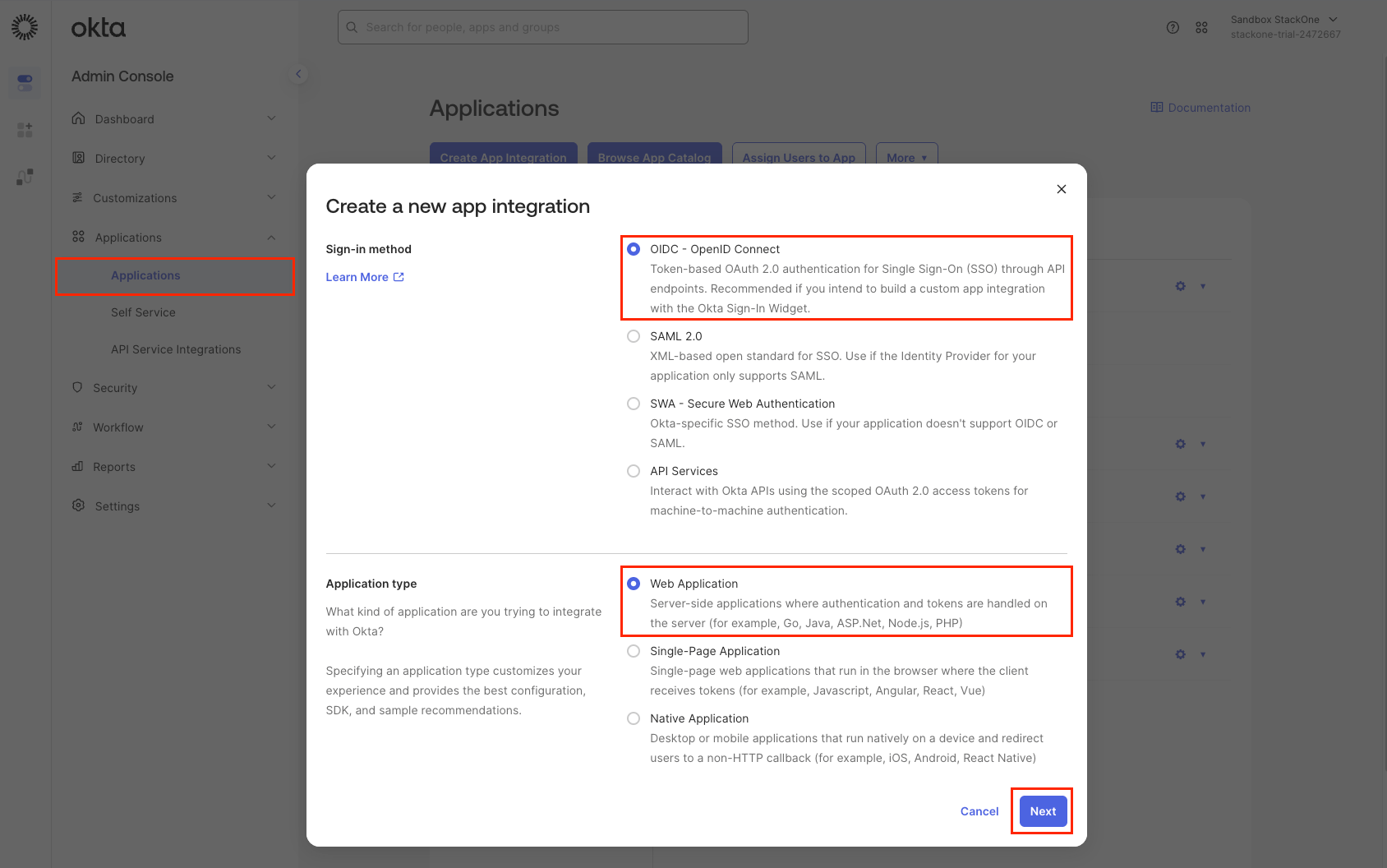 Okta init create app integration