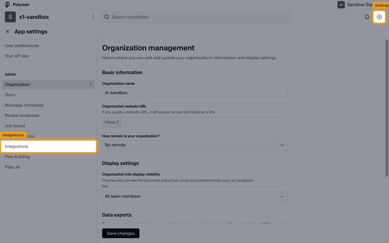 Polymer App settings page showing the left menu with User preferences, Your API key and an Admin section.