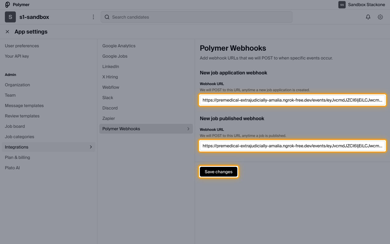 Polymer Webhooks page with New job application webhook and New job published webhook sections, each with a Webhook URL field, above a Save changes button.