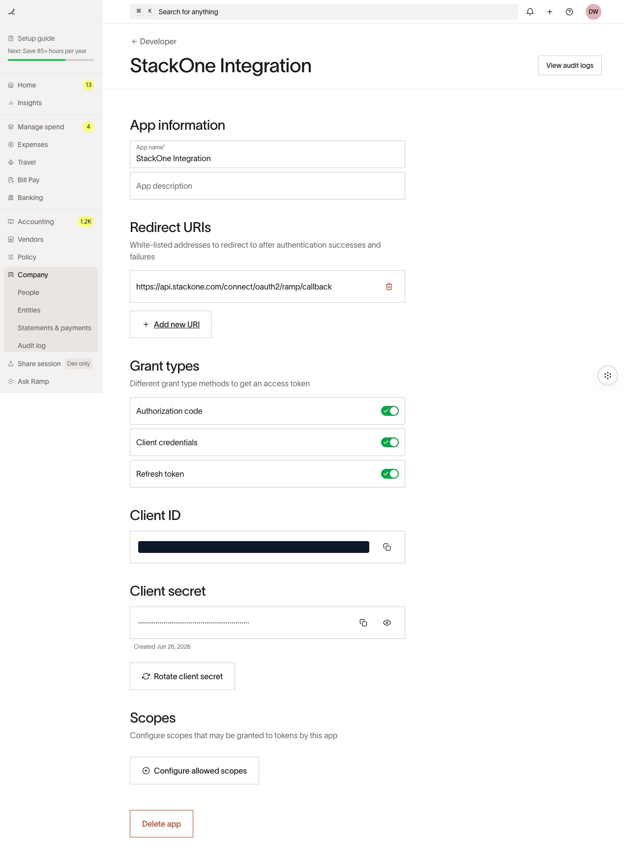 App settings showing Grant types with Authorization code enabled