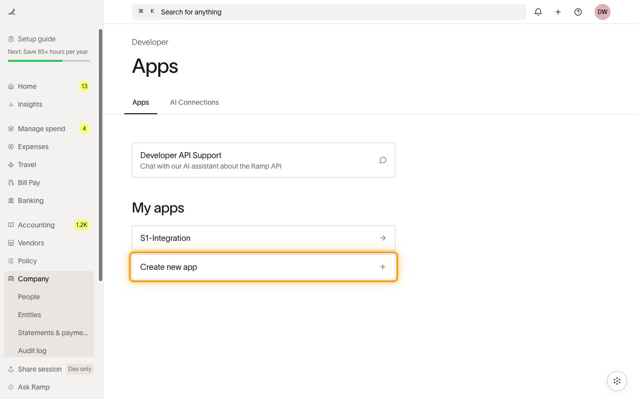 Ramp Developer Apps page with the Create new app button