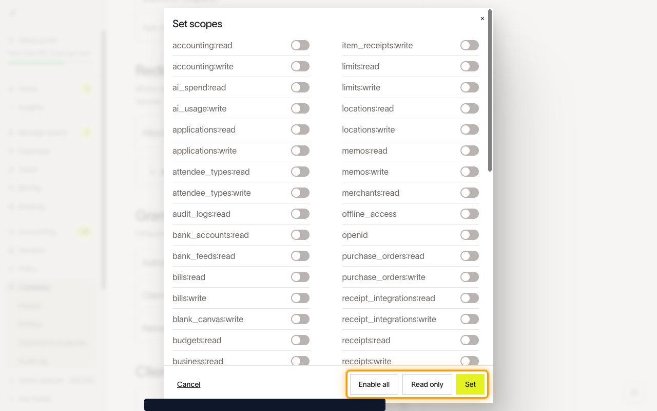 Set scopes dialog with Enable all, Read only and Set actions