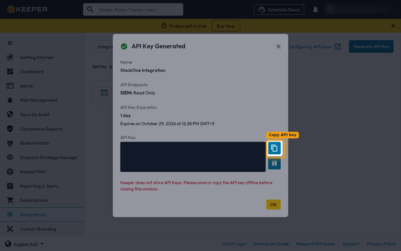 The API Key Generated dialog with the Copy button highlighted