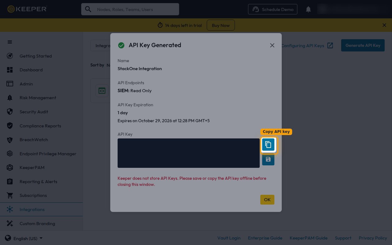 The API Key Generated dialog with the Copy button highlighted