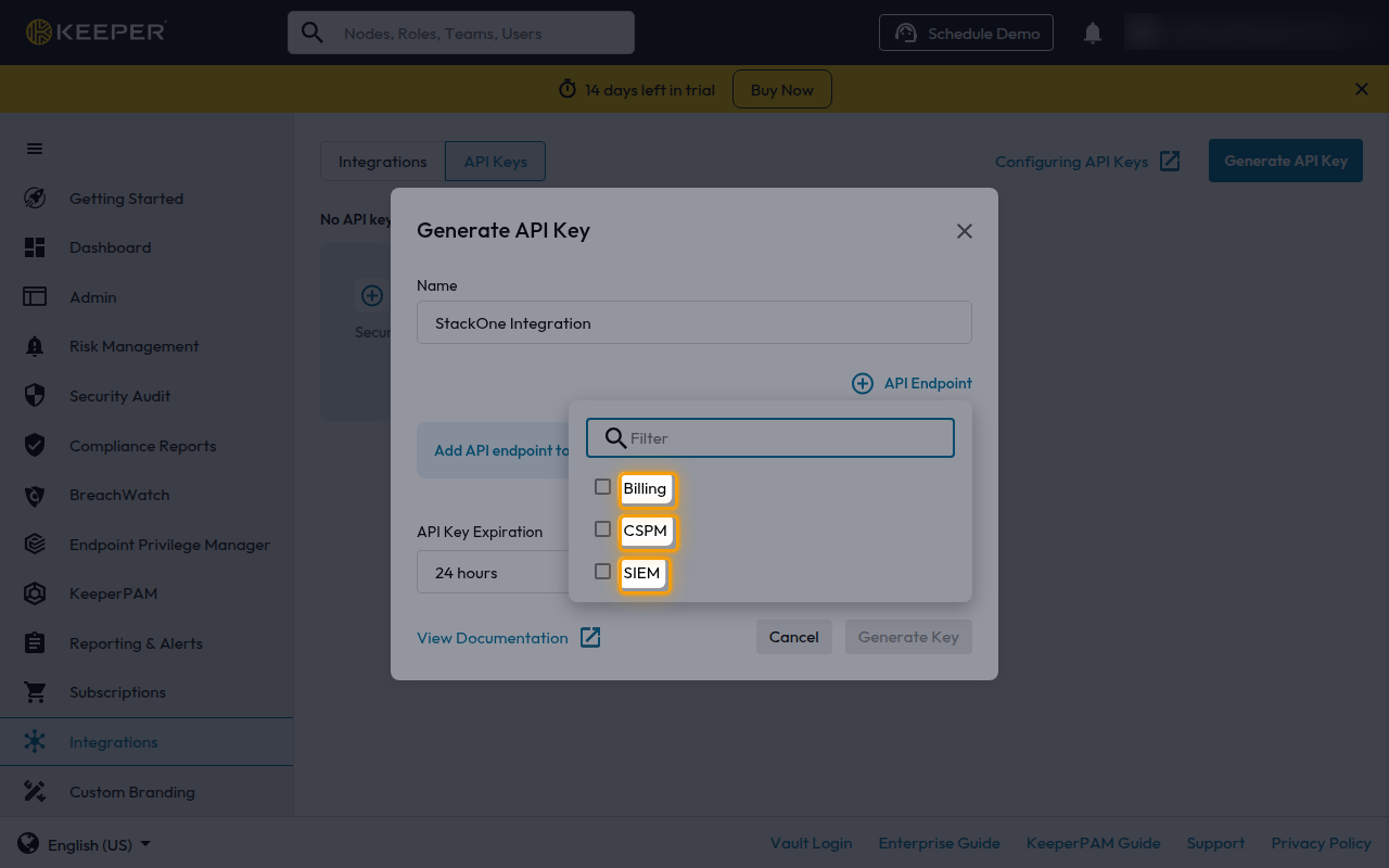 The Generate API Key dialog with the Billing, CSPM, and SIEM endpoints highlighted