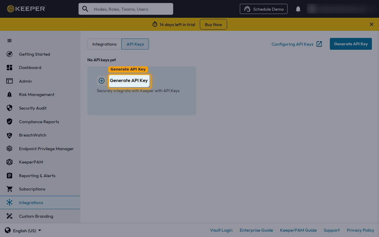 The API Keys tab with the Generate API Key button highlighted