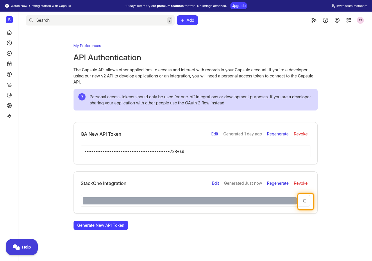 The API Authentication page showing the new token with its value hidden and the Copy button highlighted