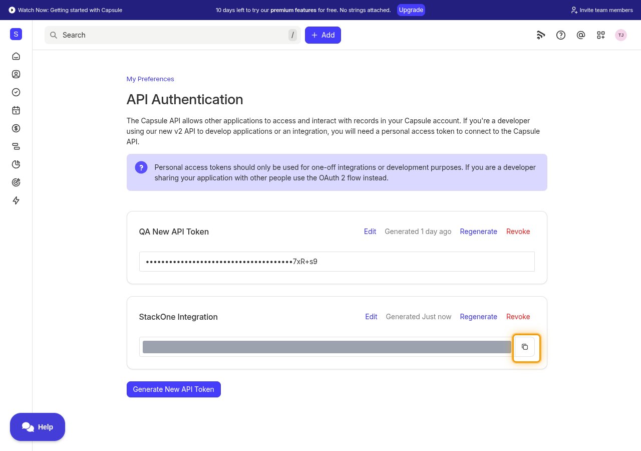 The API Authentication page showing the new token with its value hidden and the Copy button highlighted