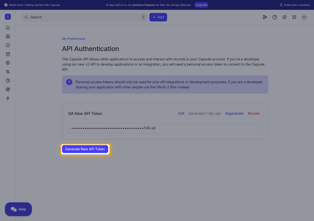 The API Authentication page with the Generate New API Token button highlighted