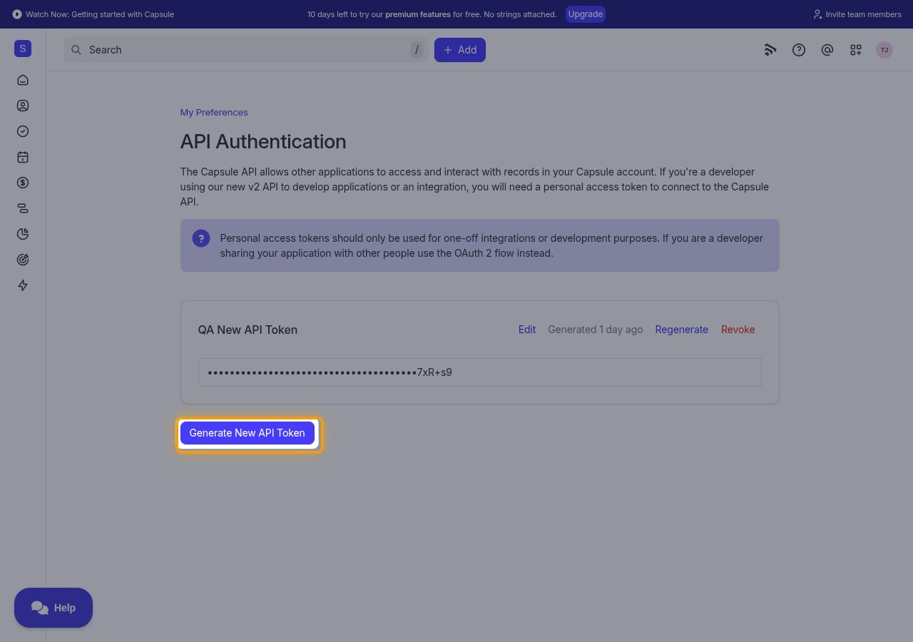 The API Authentication page with the Generate New API Token button highlighted