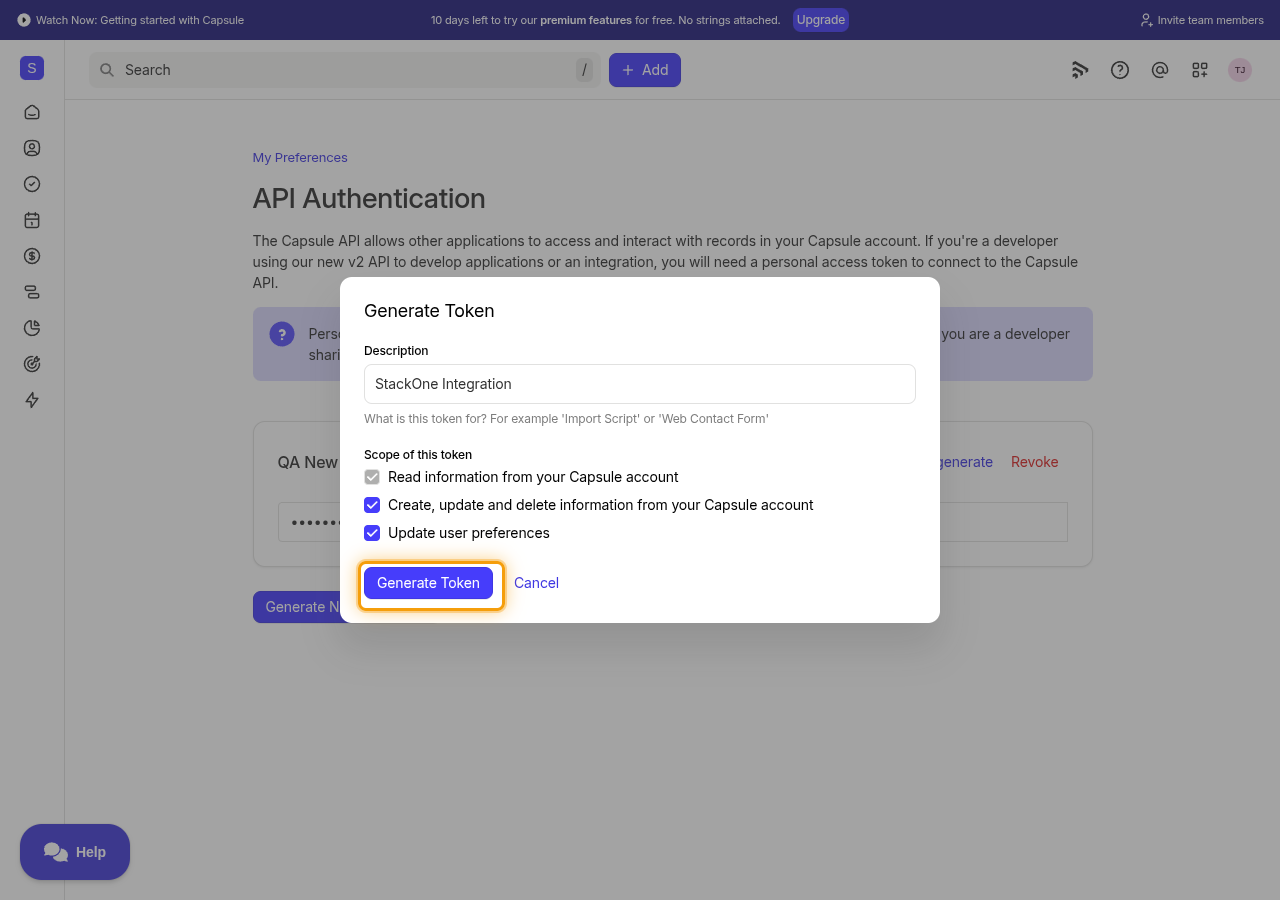 The completed Generate Token dialog with the Generate Token button highlighted