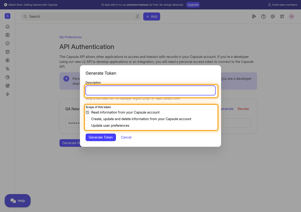 The Generate Token dialog with the Description field and the Scope of this token checkboxes highlighted