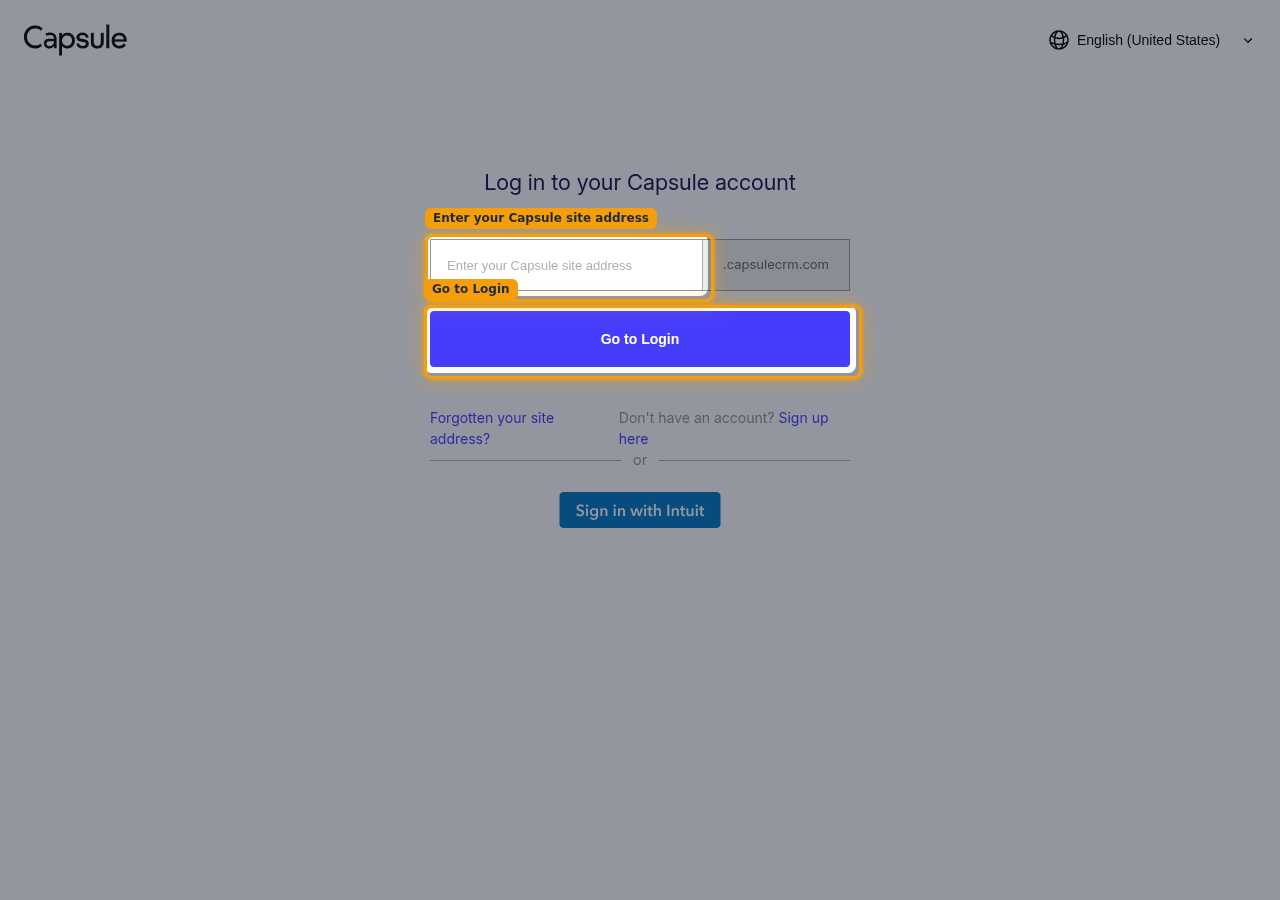 The Capsule log in page with the site address field and the Go to Login button highlighted