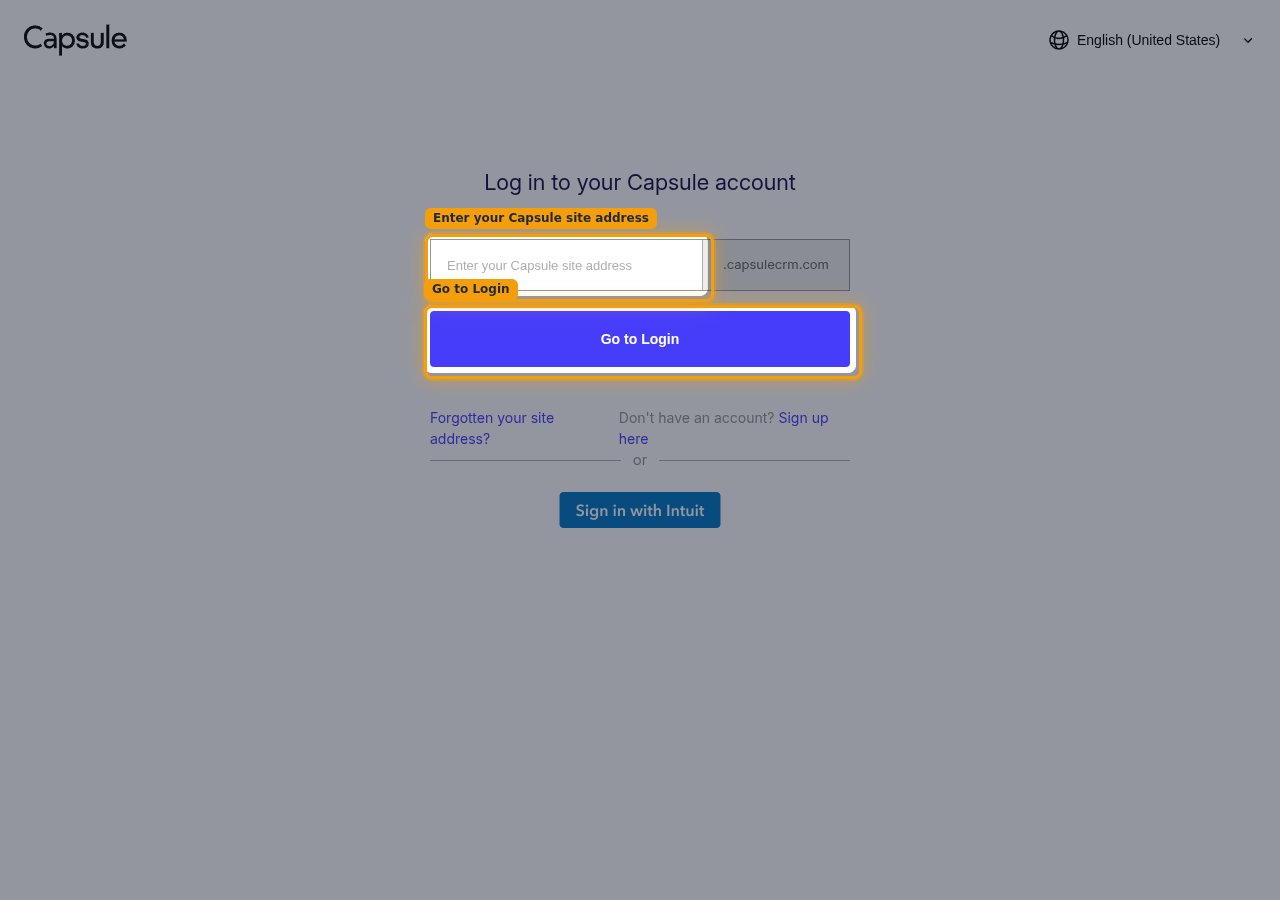 The Capsule log in page with the site address field and the Go to Login button highlighted