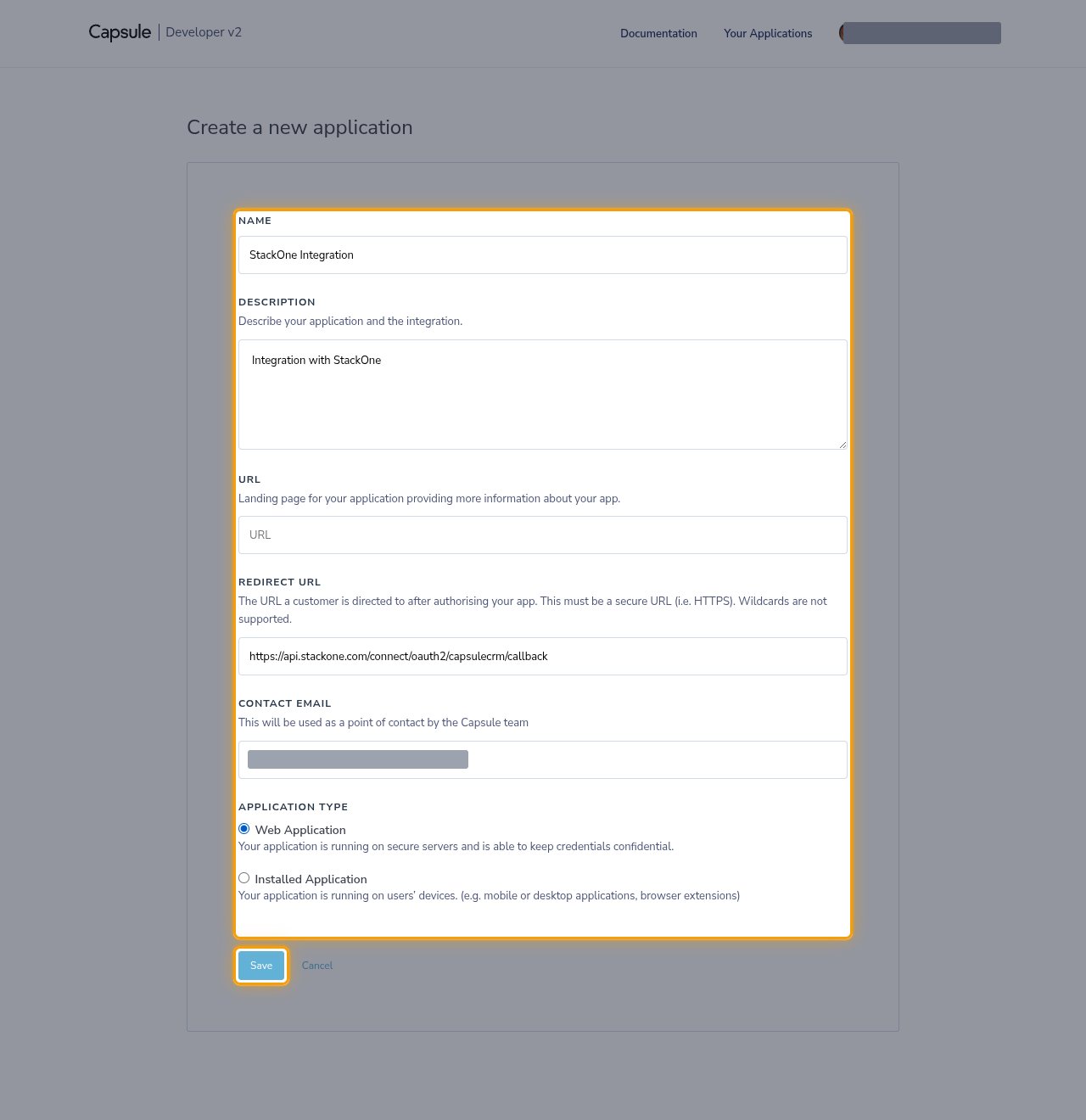 The Create a new application form completed, with the form fields and the Save button highlighted