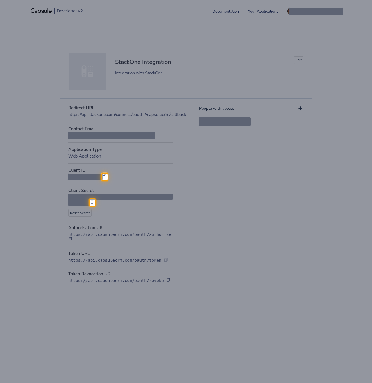 The application page with the Client ID and Client Secret values hidden and their copy buttons highlighted
