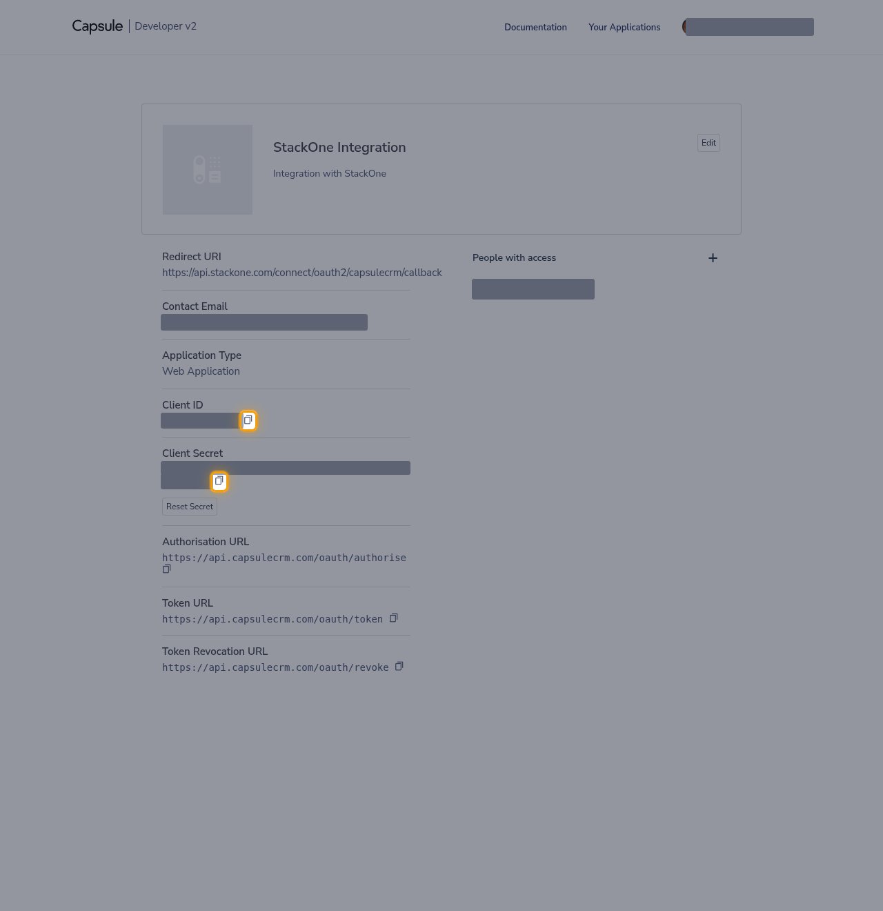 The application page with the Client ID and Client Secret values hidden and their copy buttons highlighted