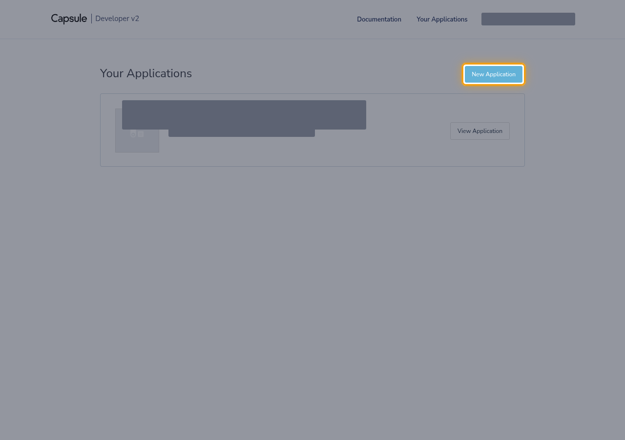 The Your Applications page with the New Application button highlighted