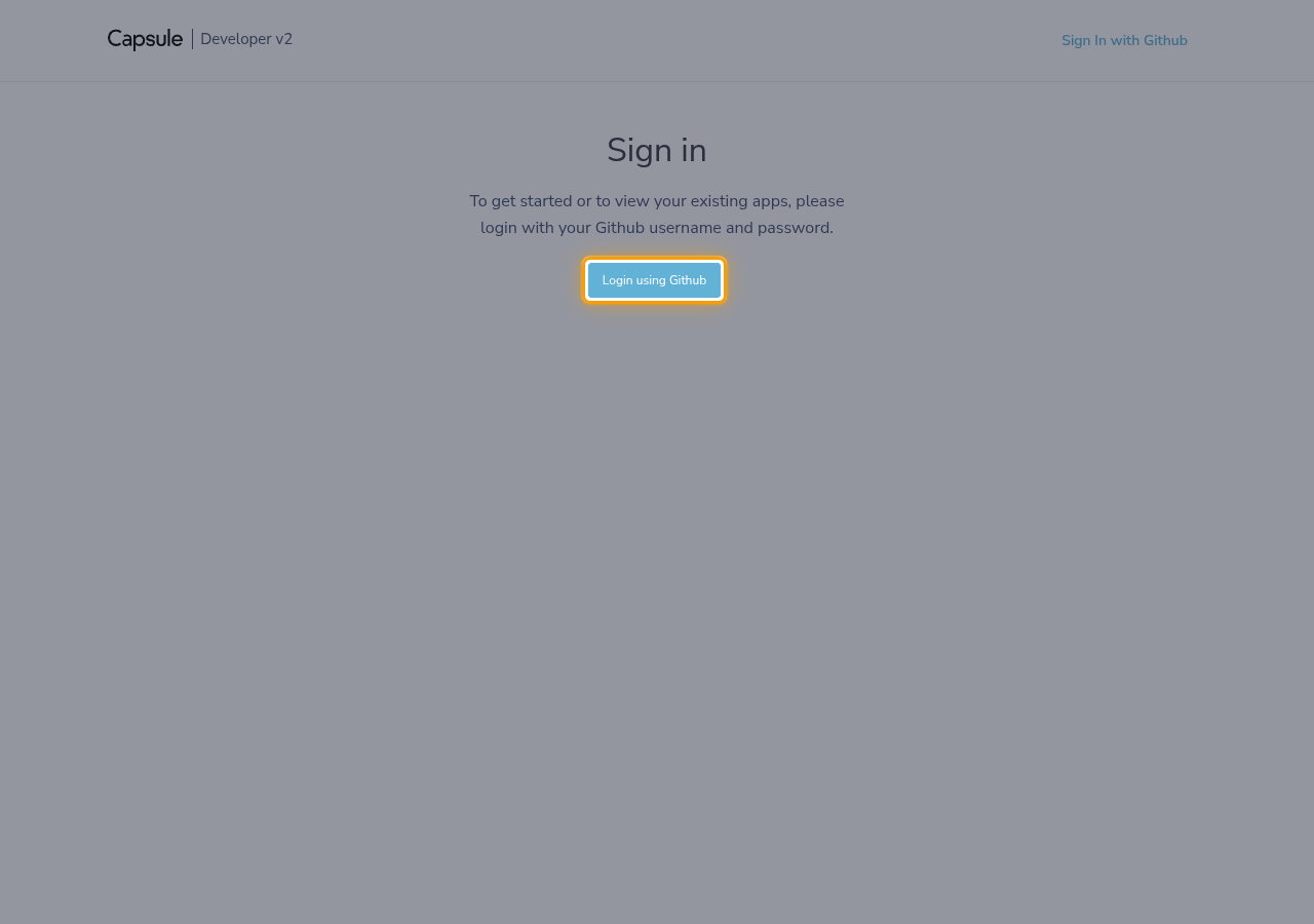 The Capsule Developer Portal sign in page with the Login using Github button highlighted
