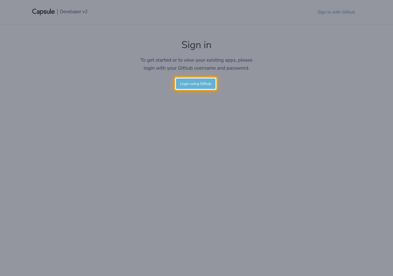 The Capsule Developer Portal sign in page with the Login using Github button highlighted