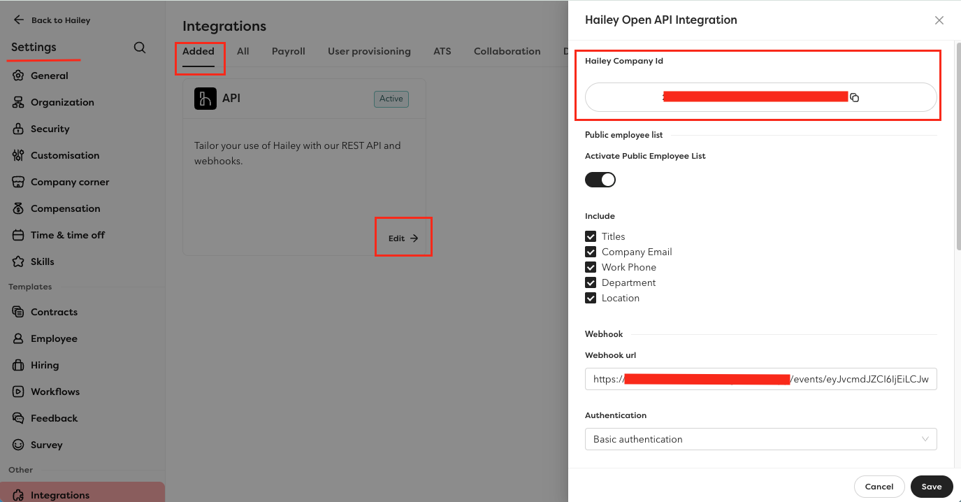 Hailey HR API integration company ID