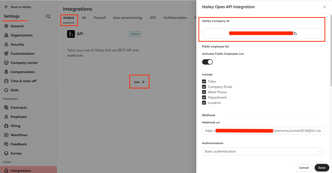 Hailey HR API integration company ID