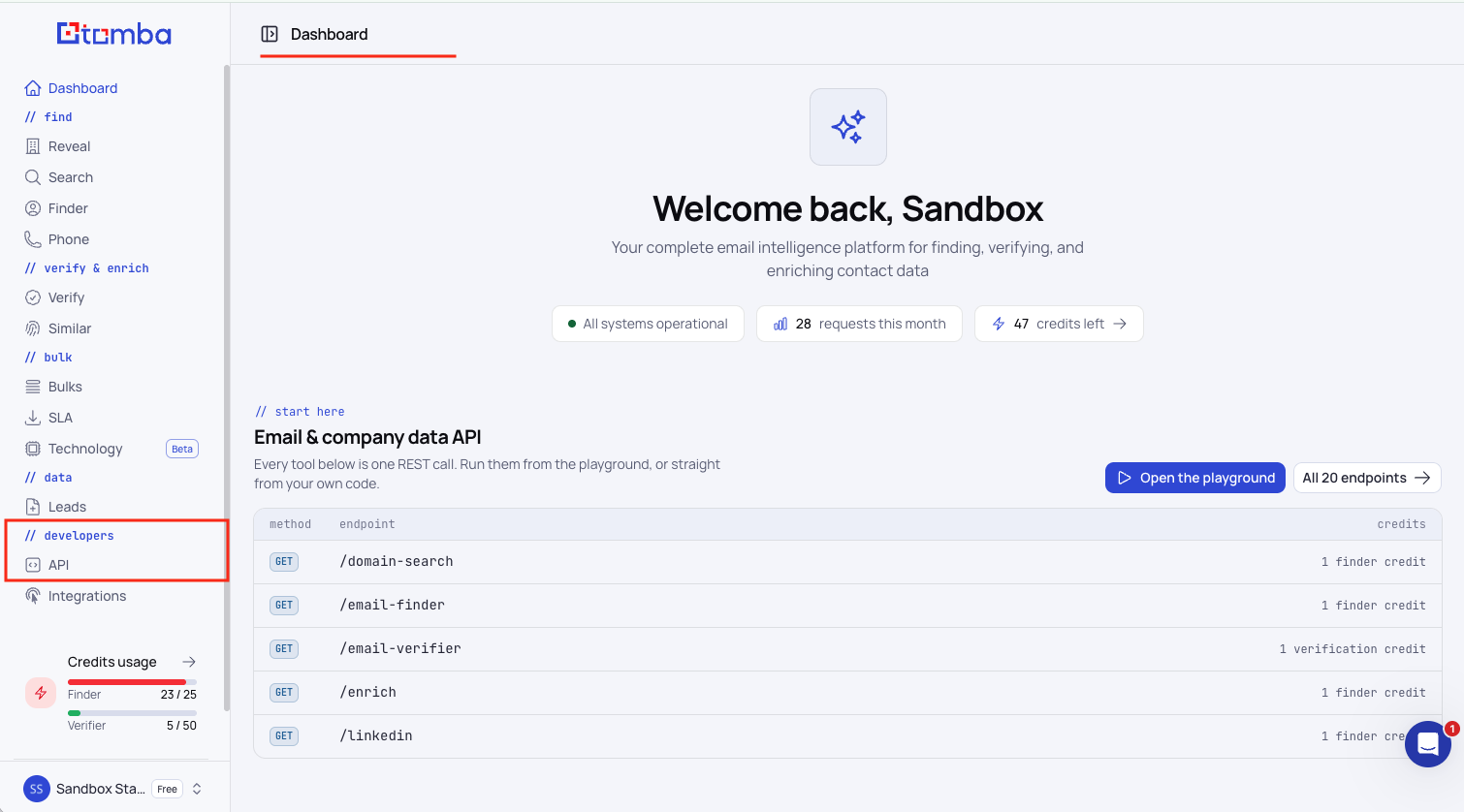 API link in the sidebar
