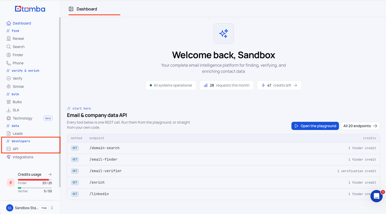 API link in the sidebar