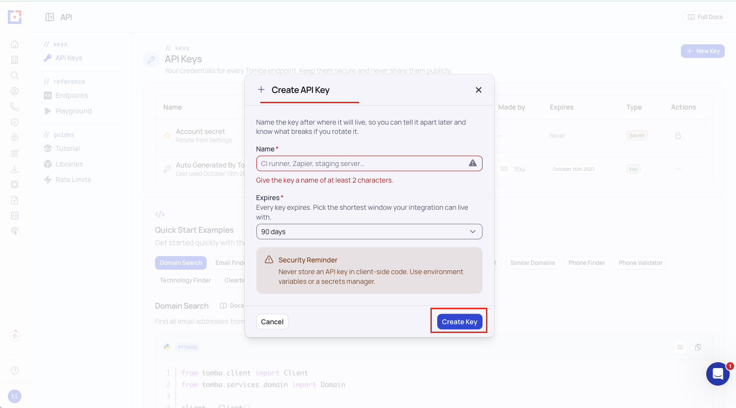 Create API Key dialog
