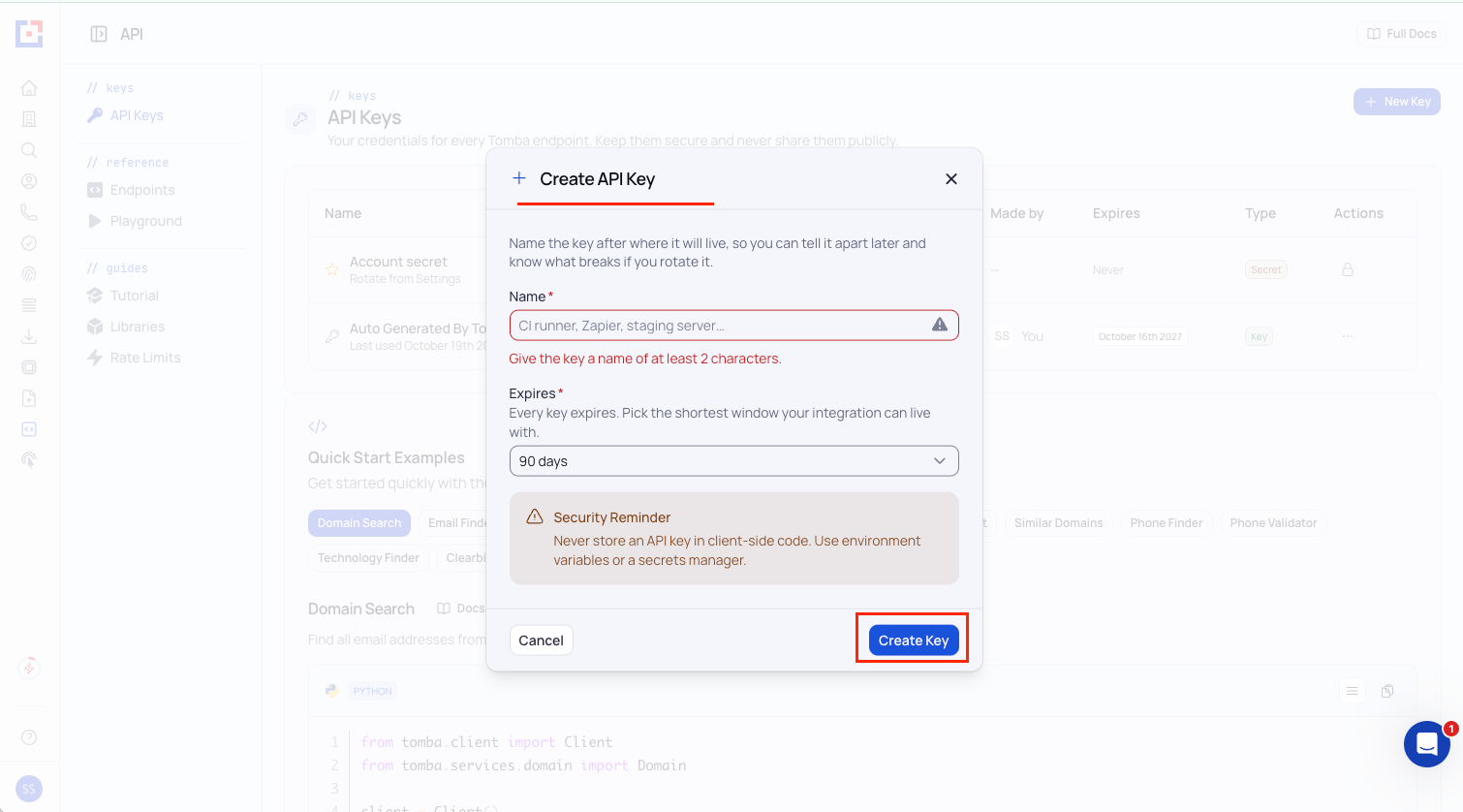 Create API Key dialog